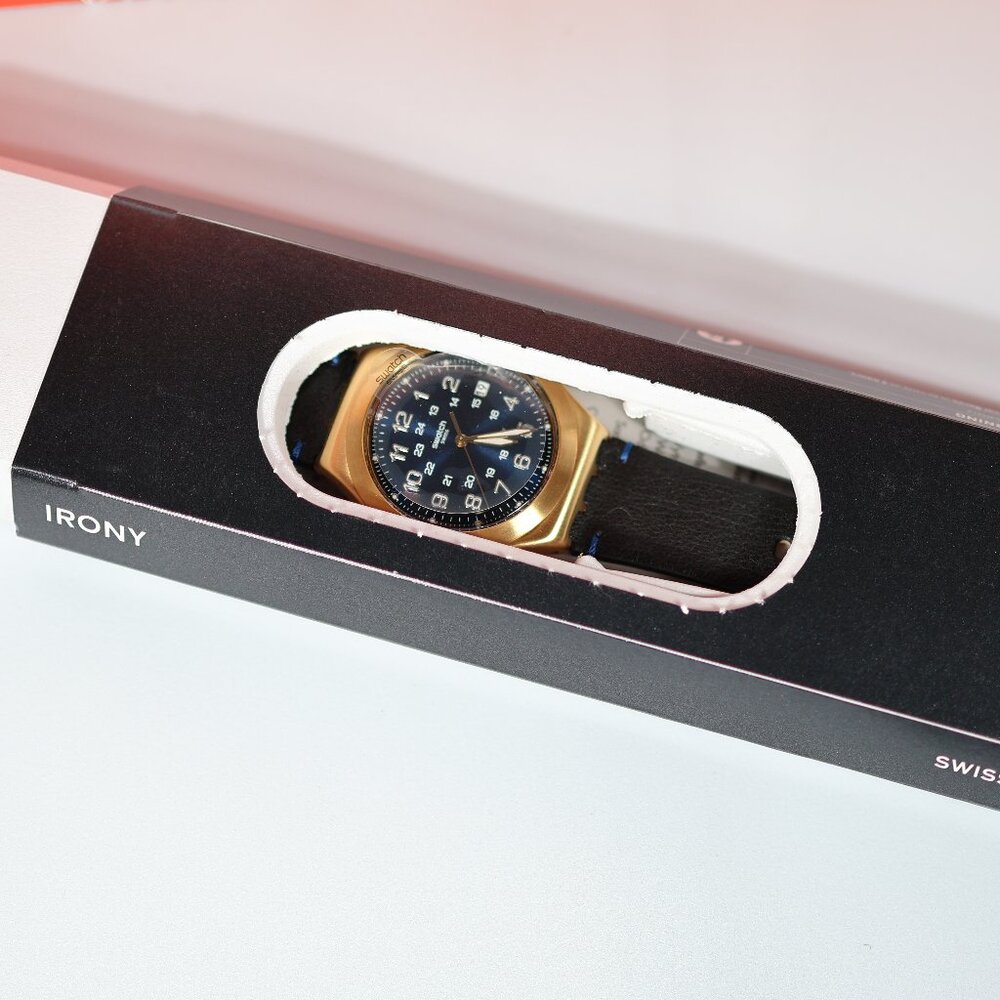 Limited Swiss Swatch Made Irony Gold Colored Blue Happy Joe Golden YWG408 41MM - Picture 10 of 10